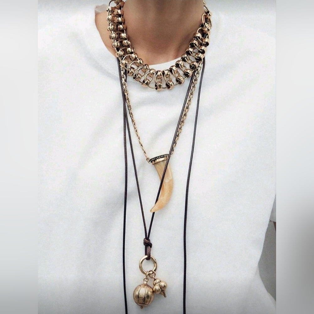 NWT Multilayer Stacked Link Choker Animal Horn & Leather Pendant Silver Necklace - Picture 12 of 15